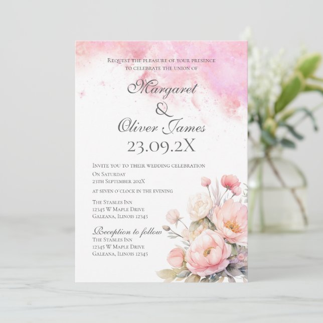Elegant Pink Floral Wedding Invitation (Standing Front)