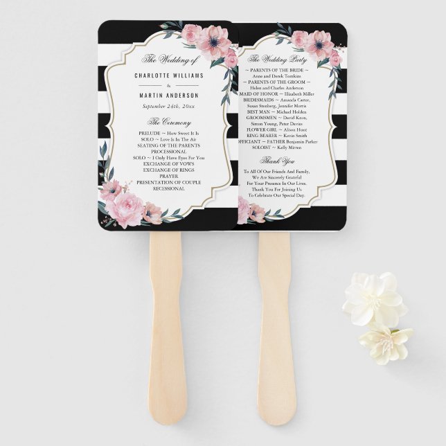 Elegant Pink Floral Wedding Program Fans (Front and Back)