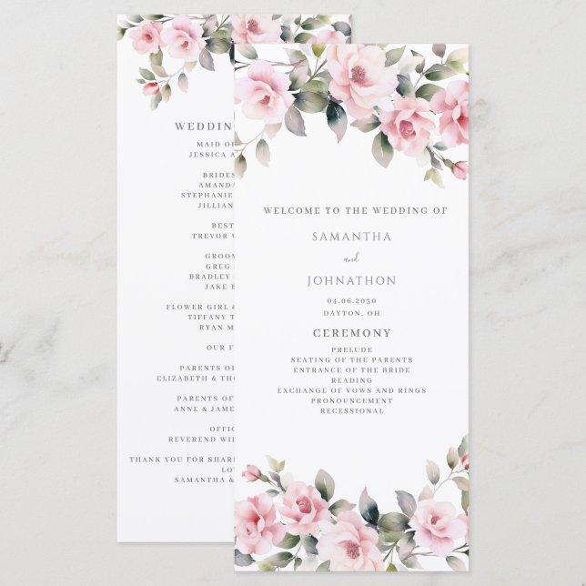 Elegant Pink Floral Wedding Program Flat Card (Front/Back)