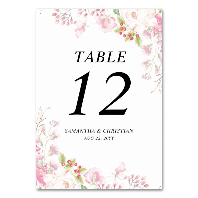 Elegant Pink Floral Wedding Table Number card (Front)
