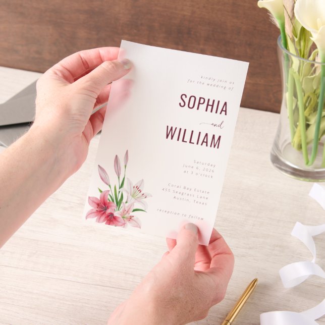 Elegant Pink Floral Wedding Vellum Invitations (Handheld)