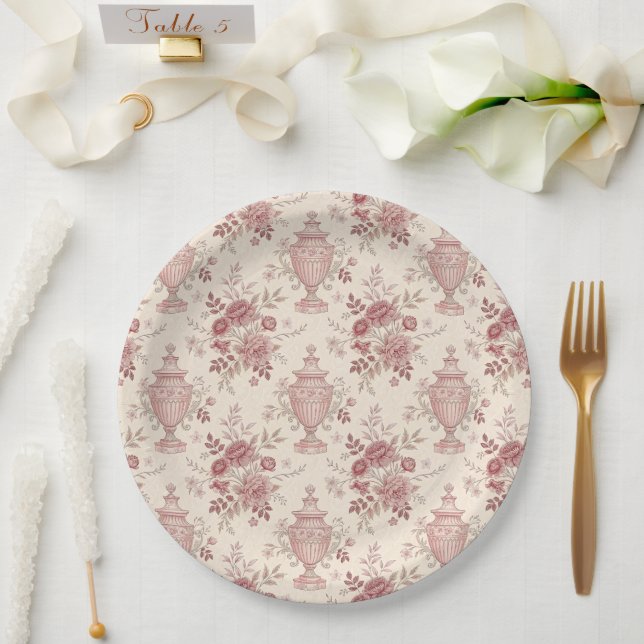 Elegant Pink Floral Whimsical Vases Paper Plate (Wedding)