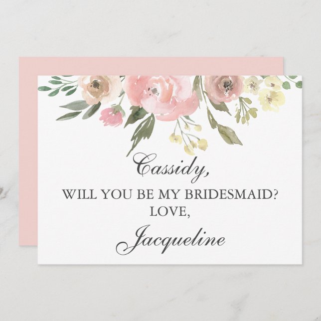 Elegant Pink Floral Will You Be My Bridesmaid Invitation (Front/Back)