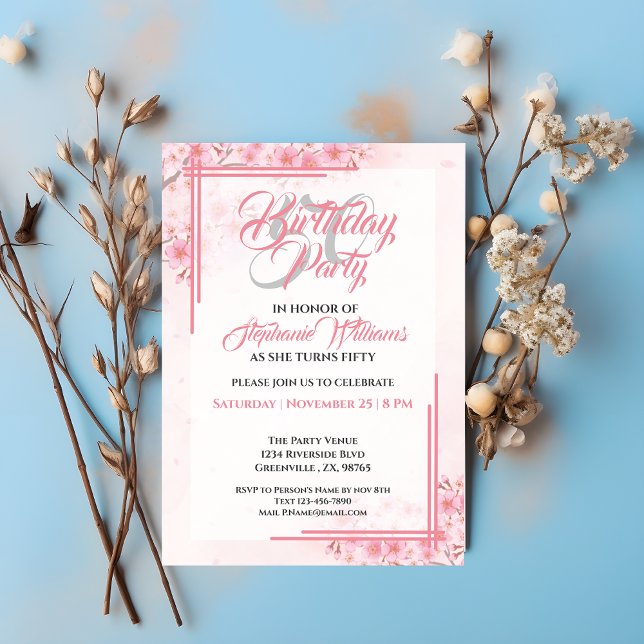 Elegant Pink Floral Women's 50th Birthday  Invitation (Creator Uploaded)