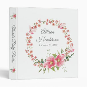 Elegant Pink Floral Wreath Baby Photo Album Binder