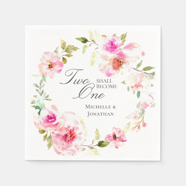 Elegant Pink Floral Wreath Inspirational Wedding Napkin (Front)