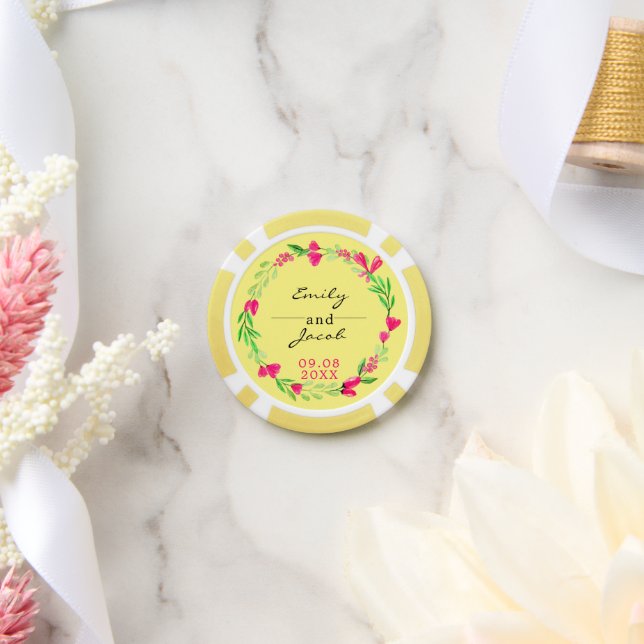 Elegant Pink Floral Wreath Light Yellow Wedding Poker Chips (Wedding)
