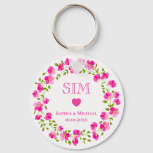 Elegant Pink Floral Wreath Monogram Wedding Favour Keychain