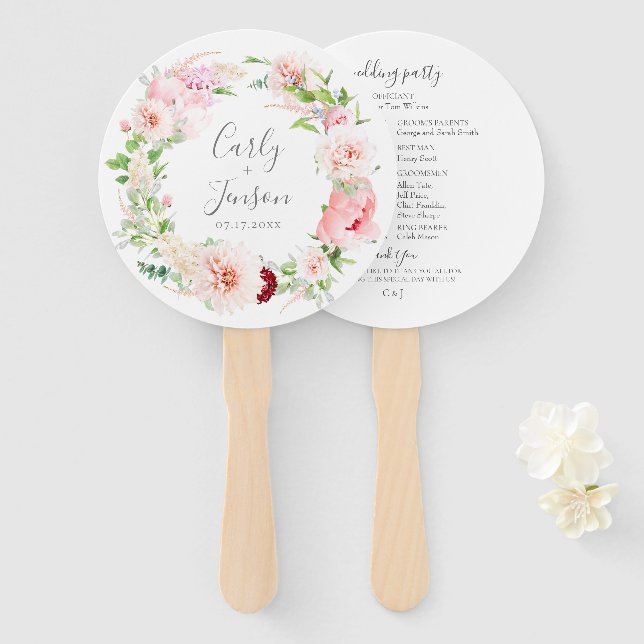 Elegant Pink Floral Wreath Wedding Hand Fans (Front and Back)
