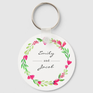 Elegant Pink Floral Wreath White Name of Couple Keychain