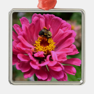 Elegant pink flower cute bee metal ornament