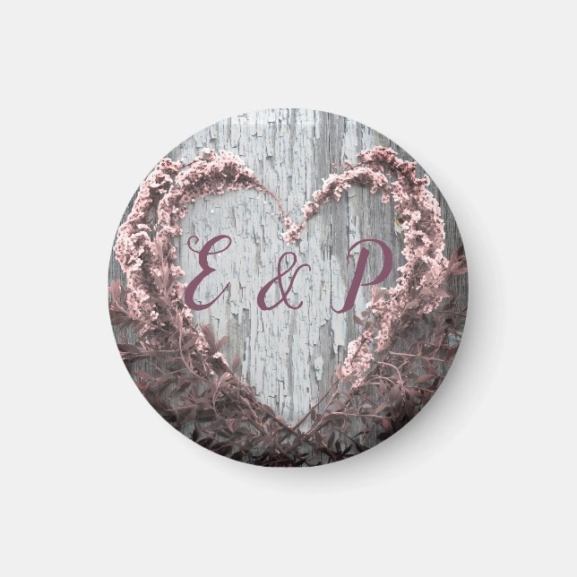 Elegant pink flower heart rustic barn wood wedding magnet (Front)
