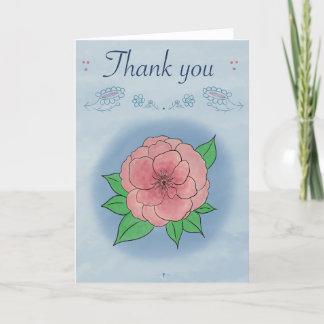 Elegant Pink Flower on Blue Folded Thank You Card