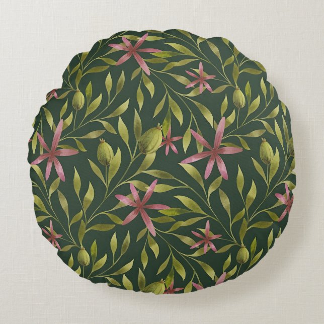 Elegant Pink Flower Pattern on Dark Background Round Pillow (Front)
