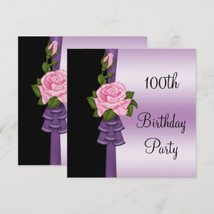 Elegant Pink Flower & Purple Ribbon 100th Birthday Invitation