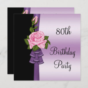 Elegant Pink Flower & Purple Ribbon 80th Birthday Invitation
