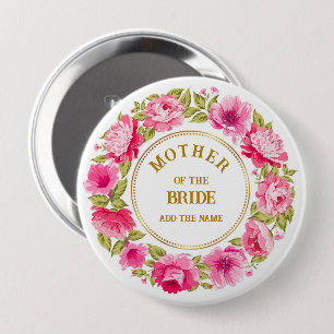 Elegant Pink Flower Wreath Mother of The Bride 4 Inch Round Button