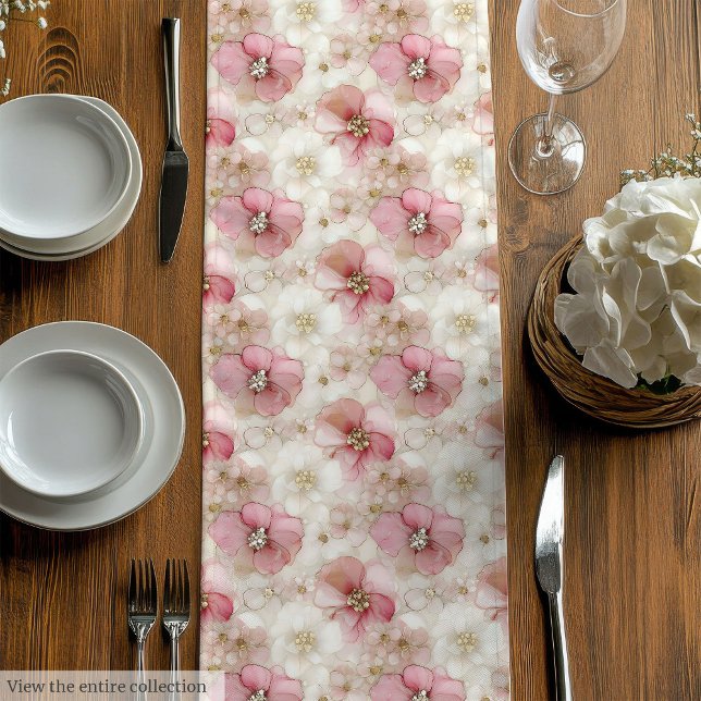 Elegant pink flowers and gold table wrap design medium table runner (Elegant pink flowers and gold table wrap design Medium Table Runner)