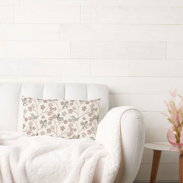 Elegant Pink Flowers and Green Birds Pattern Lumbar Pillow (Couch)