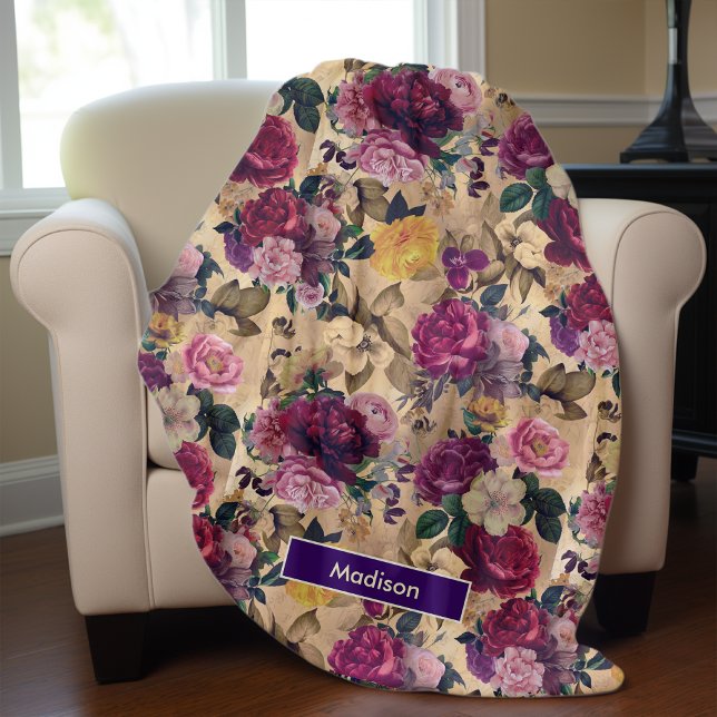Elegant pink flowers and roses yellow floral fleec fleece blanket (Creator Uploaded)