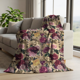 Elegant pink flowers and roses yellow floral fleece blanket