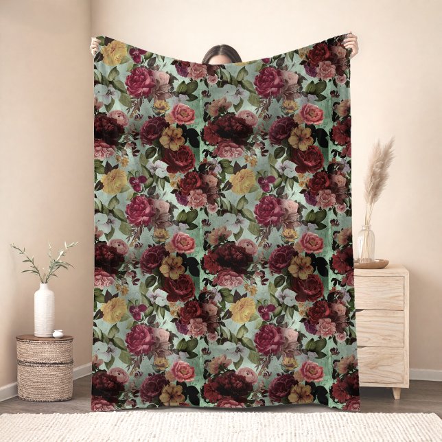 Elegant pink flowers aqua pattern fleece blanket (Creator Uploaded)