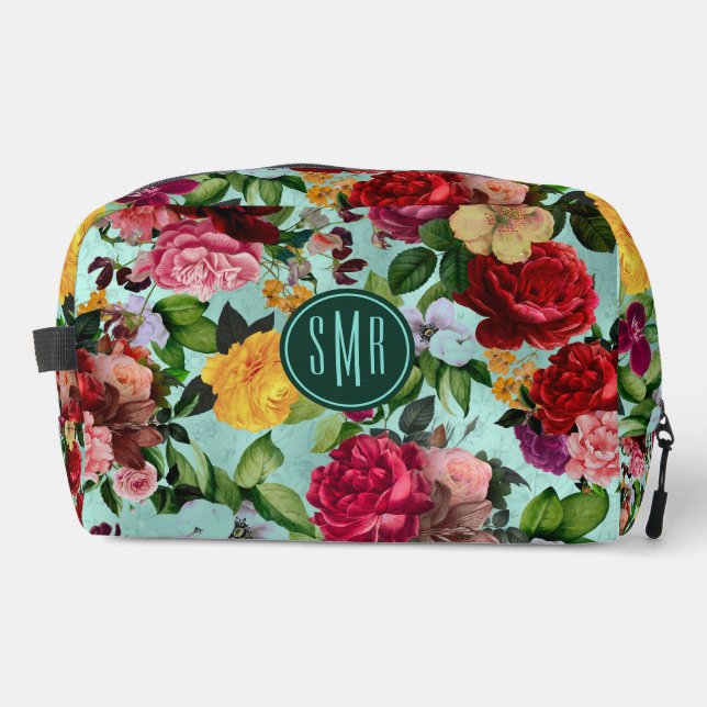 Elegant pink flowers aqua pattern monogram dopp kit (Front)