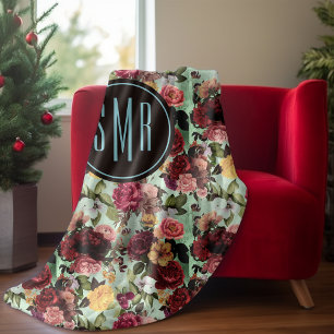 Elegant pink flowers aqua pattern monogram fleece blanket