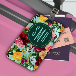 Elegant pink flowers aqua pattern monogram luggage tag