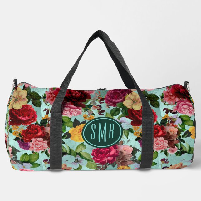 Elegant pink flowers aqua pattern monogram printed duffle bag (Front)