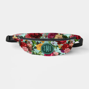 Elegant pink flowers aqua pattern monogram printed fanny pack