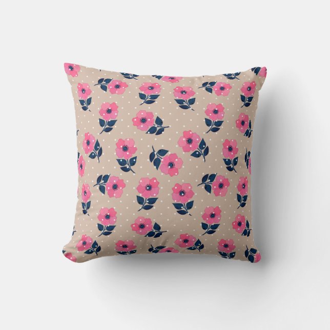 Elegant Pink Flowers Beige Polka Dots Pattern Throw Pillow (Front)