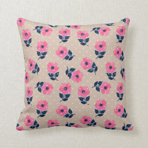 Elegant Pink Flowers Beige Polka Dots Pattern Throw Pillow