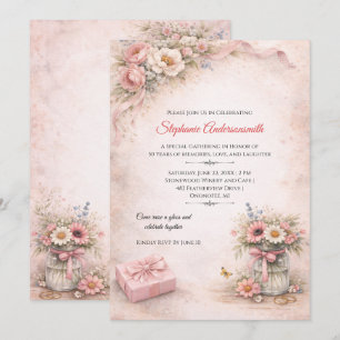 Elegant Pink Flowers Birthday Party Invitation