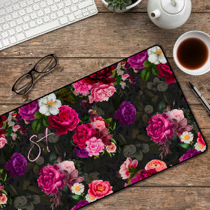 Elegant pink flowers black monogram desk mat