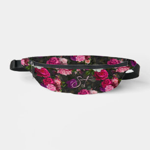 Elegant pink flowers black monogram fanny pack