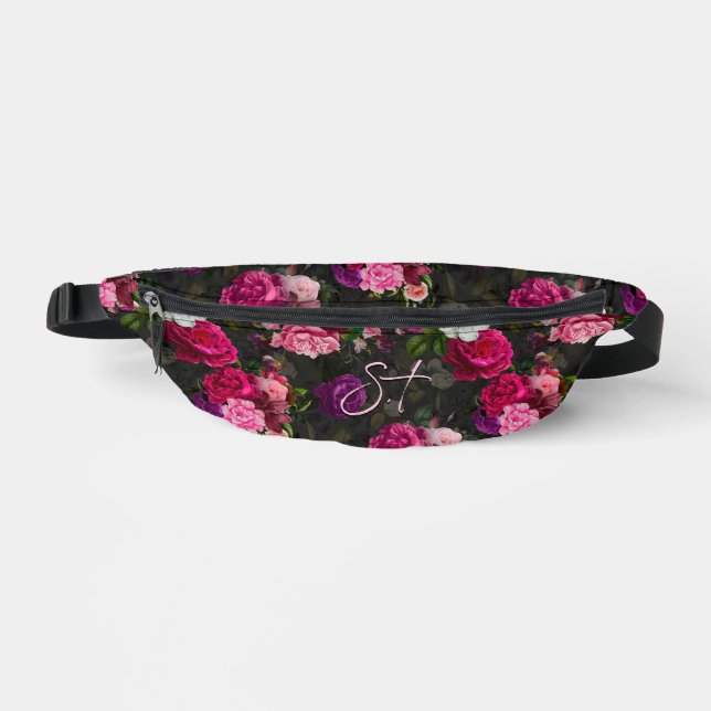 Elegant pink flowers black monogram fanny pack (Front)
