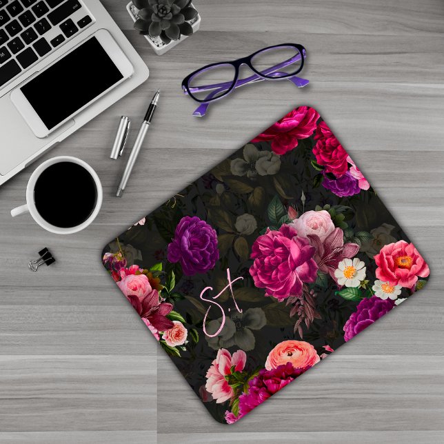 Elegant pink flowers black monogram mouse pad (Creator Uploaded)
