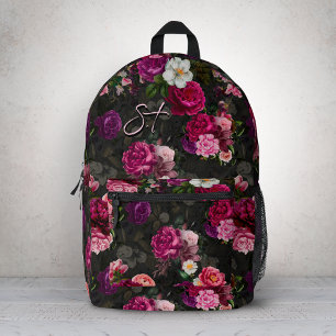 Elegant pink flowers black monogram  printed backpack