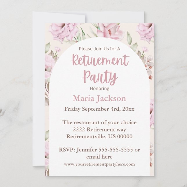Elegant Pink Flowers Easy Retirement Invitation (Front)