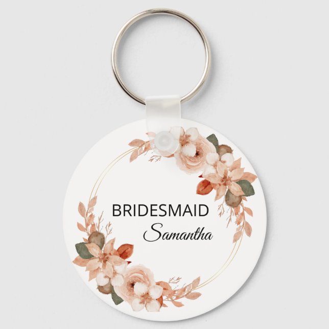 Elegant Pink Flowers Floral Custom name Bridesmaid Keychain (Front)