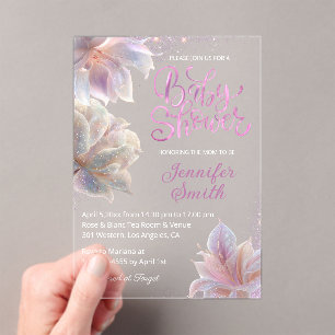 elegant pink flowers glitters girl baby shower  acrylic invitations