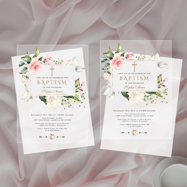 Elegant Pink Flowers Gold Frame Girl Baptism Acrylic Invitations (Creator Uploaded)