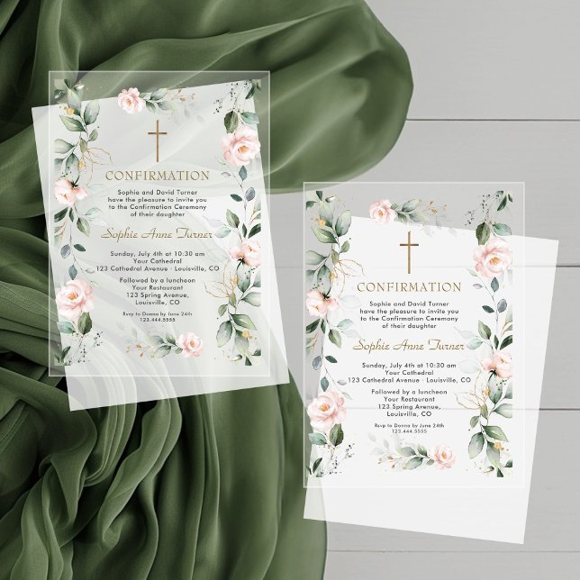 Elegant Pink Flowers Gold Greenery Confirmation Acrylic Invitations (Creator Uploaded)