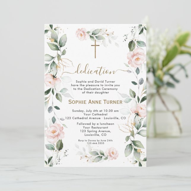 Elegant Pink Flowers Gold Greenery Dedication Invitation (Standing Front)