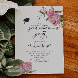 Elegant Pink Flowers Graduation Party  Invitation