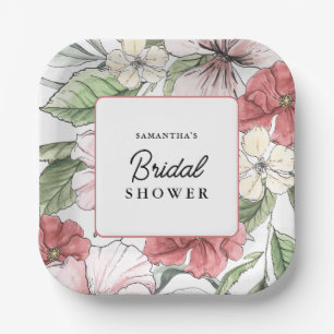 Elegant Pink Flowers Greenery Bridal Shower Paper Plate