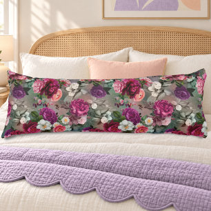 Elegant pink flowers grey body pillow