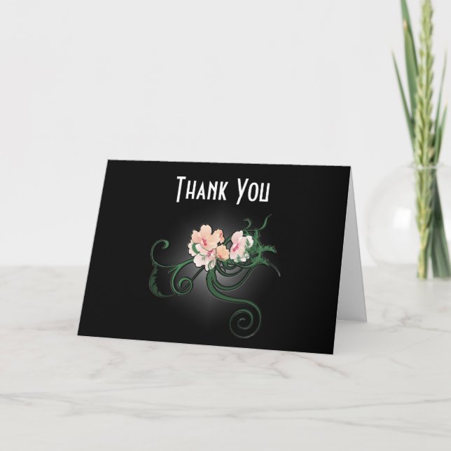 Elegant Pink Flowers on a Black Wedding Thank You (Front)