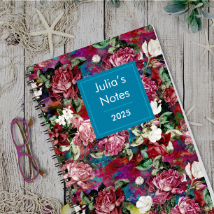 Elegant pink flowers red pattern monogram notebook